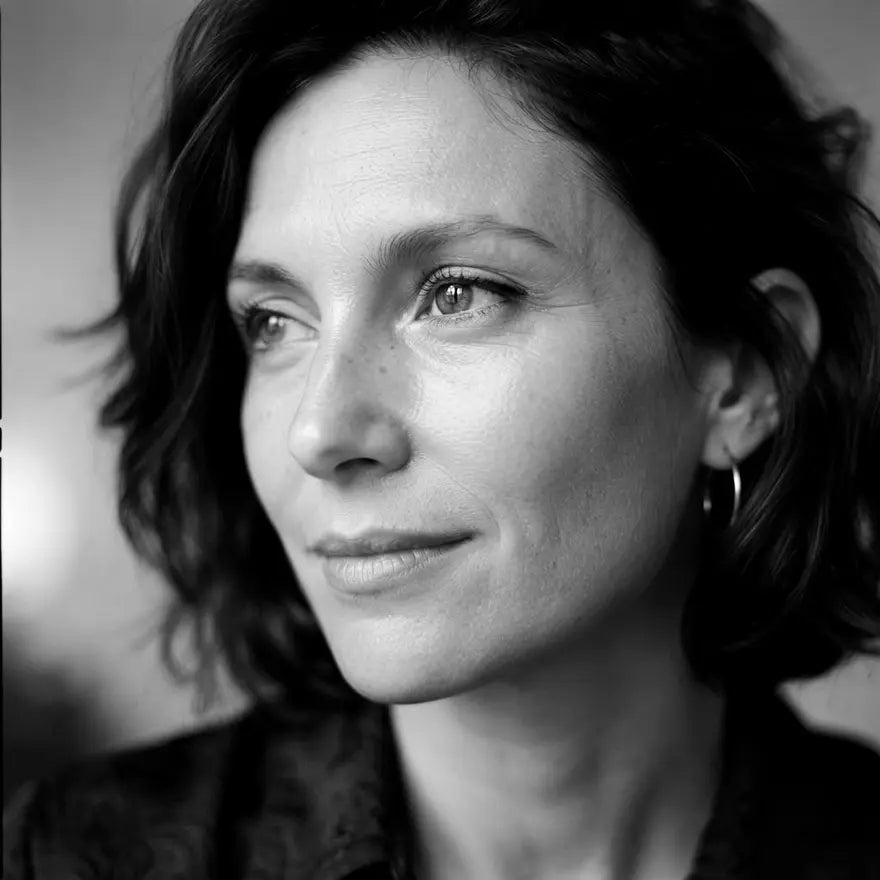 Close portrait of a woman looking out of frame, natural skin texture