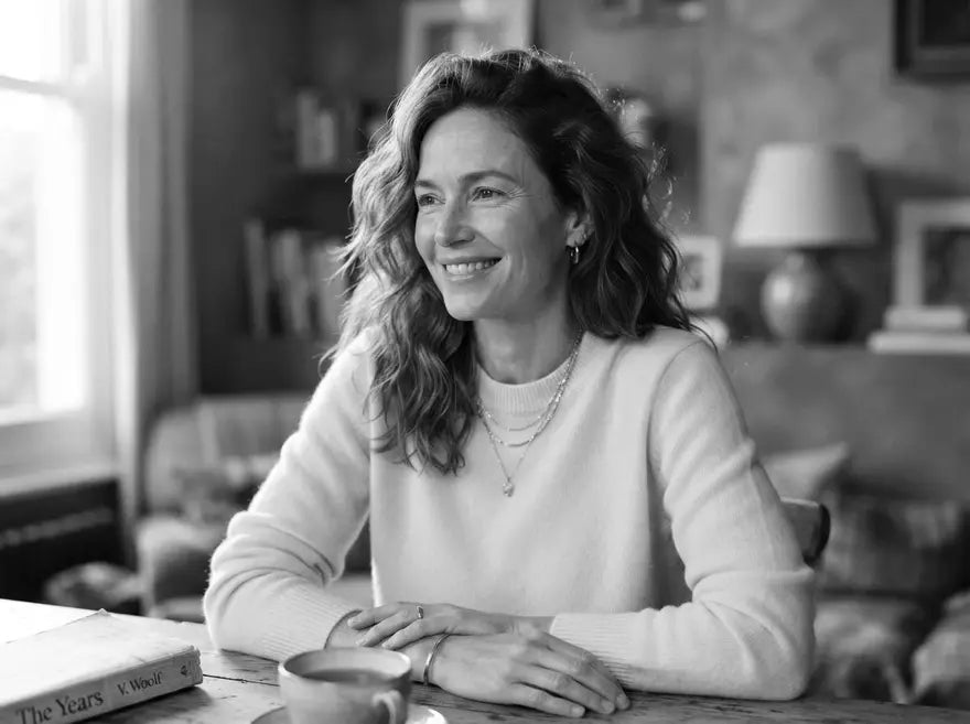 A woman smiling in a warm sitting room with a cup of tea