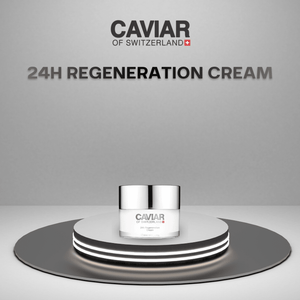 24H Regeneration Cream jar on a lit podium