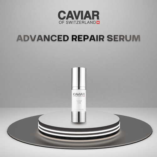 Advanced Repair Serum bottle on a lit podium