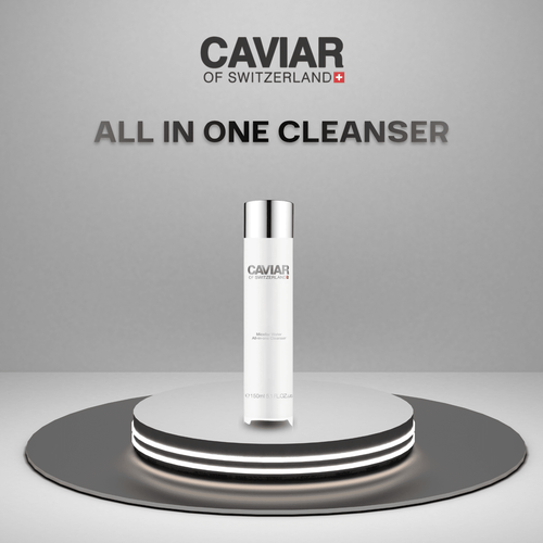 All-in-One Micellar Cleanser bottle on a lit podium