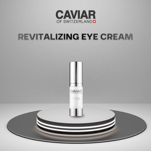 Revitalising Eye Cream jar on a lit podium
