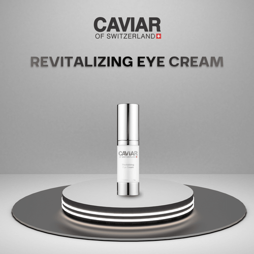 Revitalising Eye Cream jar on a lit podium