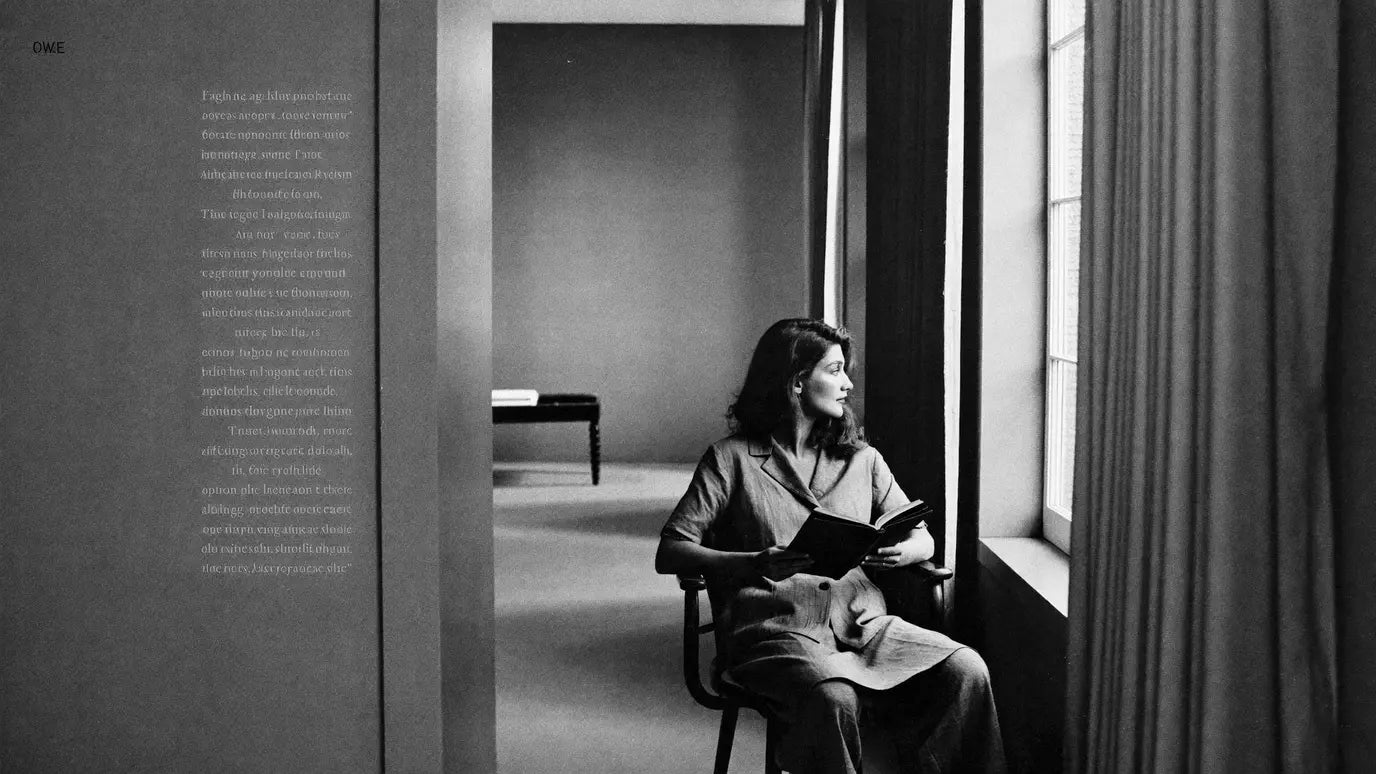 A woman reading by a tall window in a quiet modernist room