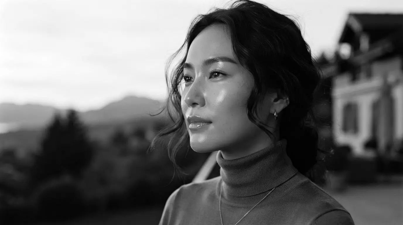 A woman outdoors at golden hour, mountains behind her
